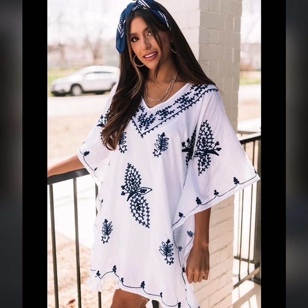 Raj Malibu dreaming embroided cover up 100% cotton white embroided black tassels